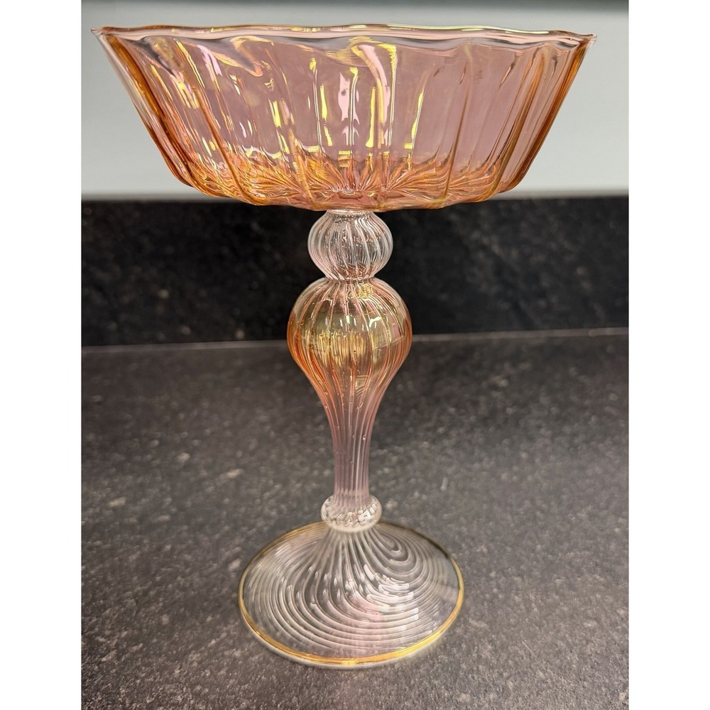 Bimini Art Glass Footed Nut Dish Delicate Hollow Stem Swirl Design Compote Champ